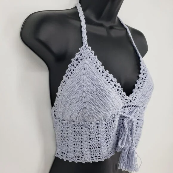 3/$25 Kendall & Kylie Crochet Knit Cropped Halter Top L Boho Backless Ties Blue - Picture 4 of 7